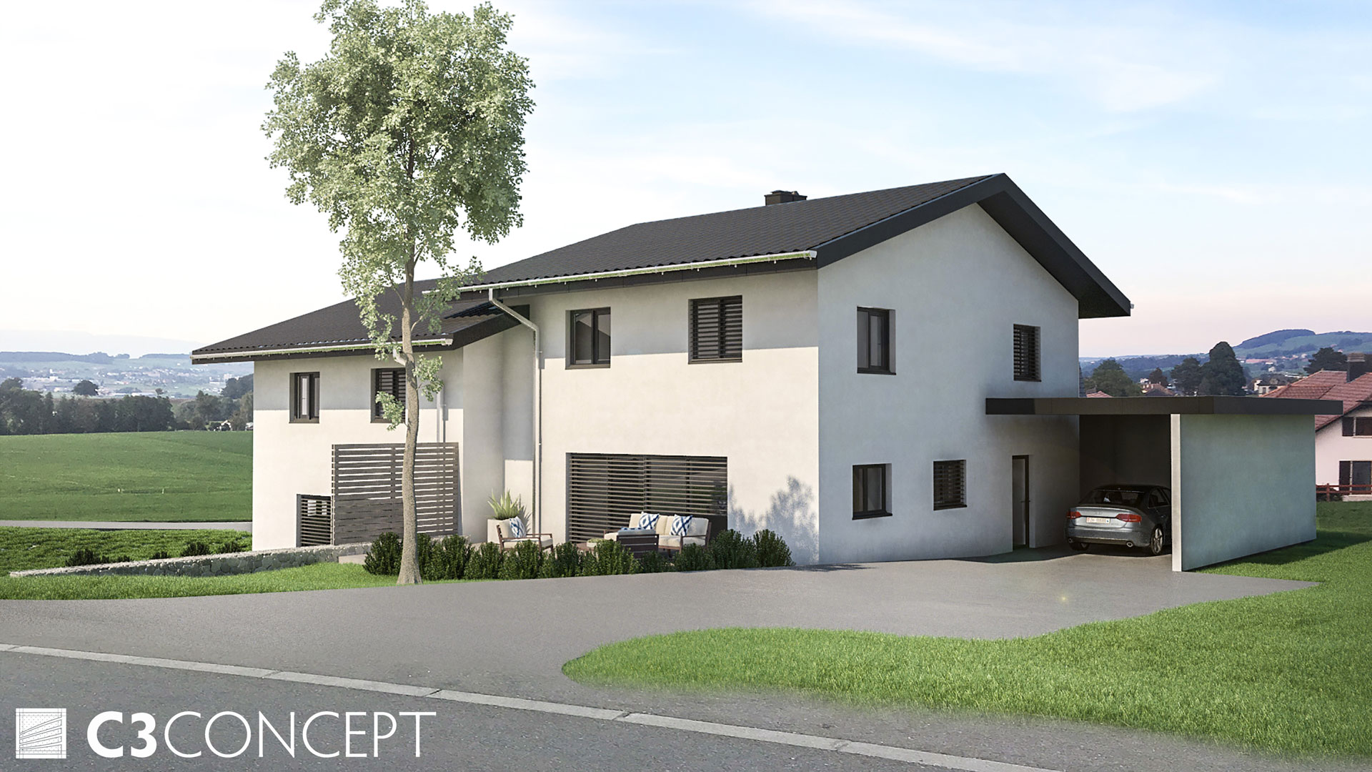 C3 Concept, visualisation 3D à Bulle. villas jumelées Vuisternens extérieur